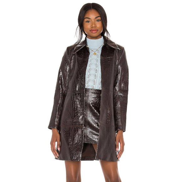 ALICE + OLIVIA Women's Chocolate Brown Logan Snakeskin Leather Coat, Size Small - Picture 2 of 6